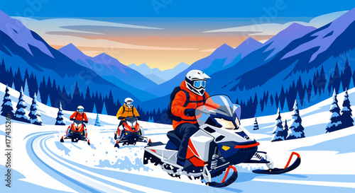 Exciting snowmobile expedition through a breathtaking winter wonderland, showcasing outdoor adventure and recreational sport in scenic mountains