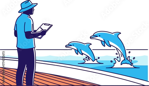 trainer watches magnificent dolphins perform, celebrating their vibrant aquatic artistry