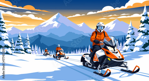 Snowmobilers enjoying a scenic winter journey through snow-covered mountains and pine forests at sunrise
