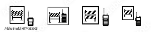 Four icons depicting a barrier and a radio, possibly representing communication or safety measures.