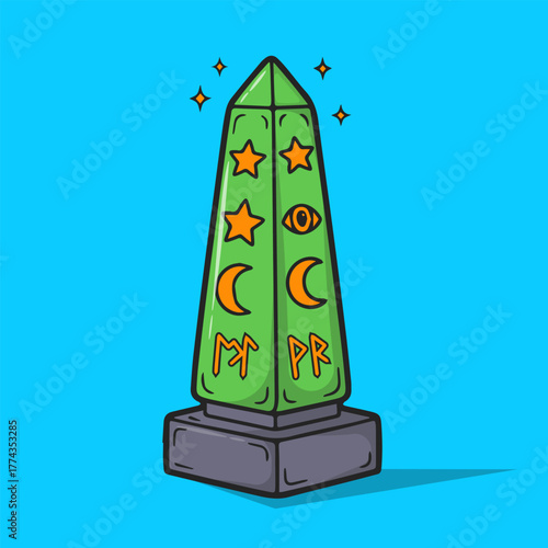 Stone obelisk illustration with glowing runes, an ancient fantasy monument vector icon and relic asset.