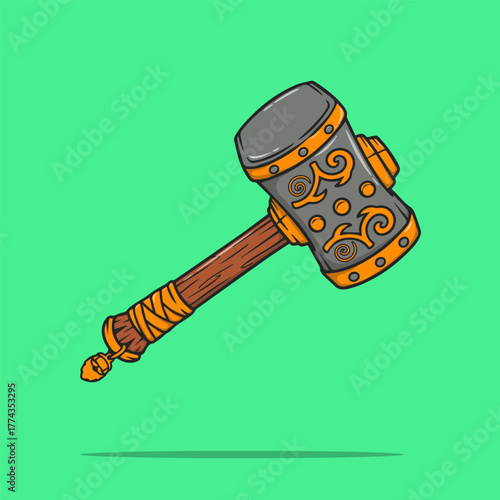Heavily textured dwarven war hammer illustration, a formidable metal fantasy weapon vector icon for battles.
