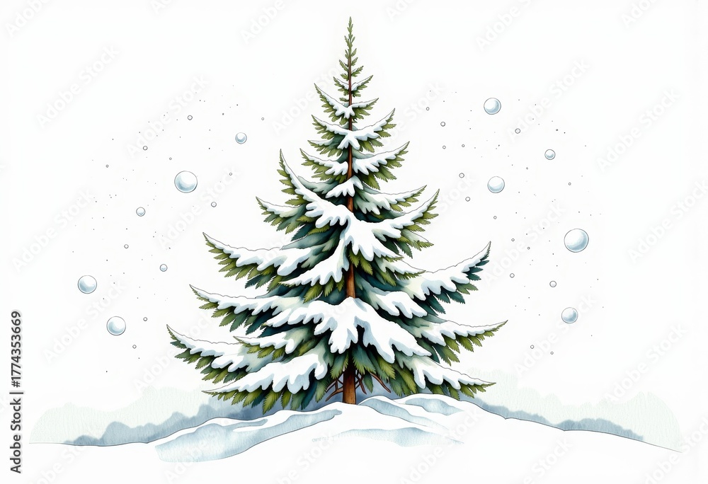 Obraz premium Serene Winter Landscape with Snow-Covered Evergreen Tree Amidst Gentle Falling Snowflakes Against a Soft White Background