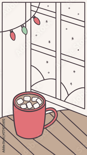 Hot cocoa mug with marshmallows cosy winter home scene pastel vector,Hot cocoa mug with marshmallows cosy winter home scene pastel vector.