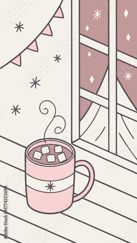 Hot cocoa mug with marshmallows cosy winter home scene pastel vector.