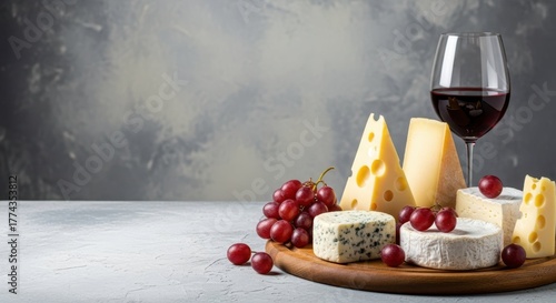 Delicious cheese and wine pairing with grapes on a wooden board
