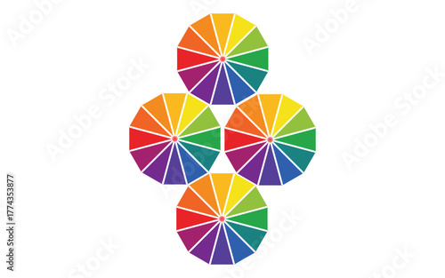 Four colorful circular rainbow color wheels isolated on white background