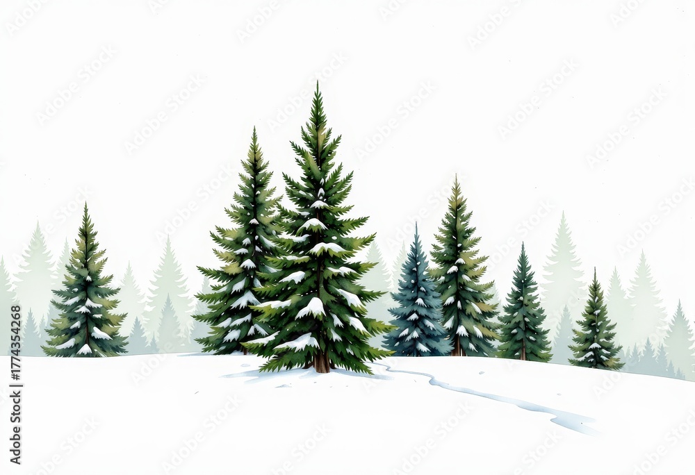 Naklejka premium Serene Winter Landscape Featuring Snow-Covered Pine Trees in a Peaceful Forest Setting with Tranquil Pathways and Softly Fallen Snow Blanketing the Ground