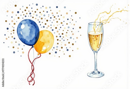 Elegant watercolor celebration with balloons and champagne glass sparkling in festive golden confetti and vibrant bubble accents on crisp white background