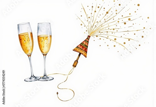 Illustration of Two Glasses of Sparkling Champagne with Vibrant Party Popper Explosion Celebrating Festive Occasions