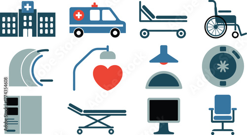 Medical Facility Icon Set Hospital, Ambulance, Wheelchair, Heart Monitor, and Exam Equipment
