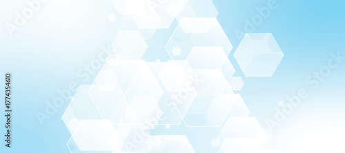 Abstract blue hexagonal pattern with soft gradients medicine and science concept background. Geometric medical cross horizontal banner.