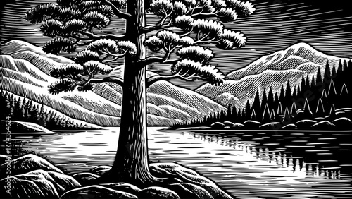 Tall pine tree on rocky shore beside crystal blue mountain lake.