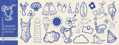 Hand drawn Summer Beach and Surf Vector Doodles with Tropical Elements