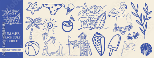 Hand drawn Summer Beach, Surf, and Tropical Doodles with Elements like Palm Trees, Ice Cream, Surfboards, and Sun