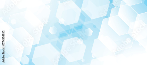 Abstract blue hexagonal pattern with soft gradients medicine and science concept background. Geometric medical cross horizontal banner.