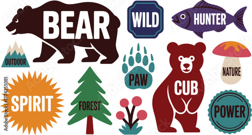 NatureThemed Illustration with Bear, Cub, Fish, Tree, Mountain, Paw, Mushroom, and Words Like Wild, Hunter, and Power