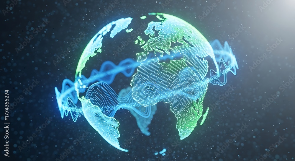 Fototapeta premium Digital Earth Globe with Data Waves in Space.