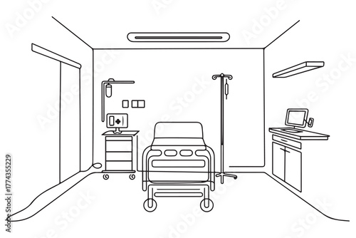 Single one line drawing Hospital room interior with bed and clinic equipment. An empty hospital room concept. one line Icon drawing with white background