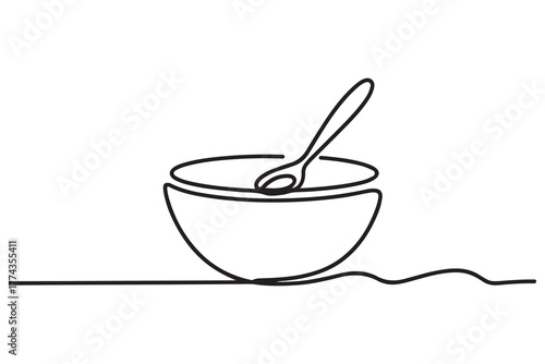 Single one line drawing bowl and spoon. Tableware concept. Continuous line draw design. one line Icon drawing with white background