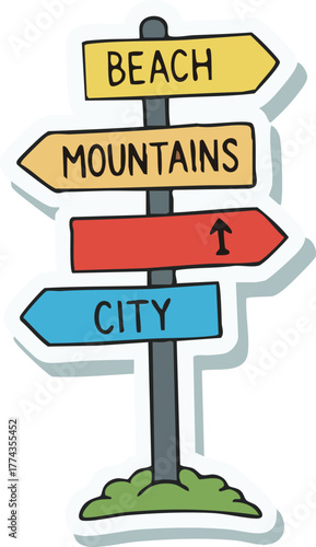 Directional sign points towards beach, mountains, and city destinations on a sunny day, creating a sense of wanderlust and travel inspiration.