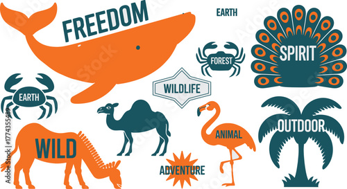 Orange Whale with Freedom Text, plus other Animals, Objects, and Labels Illustration on White