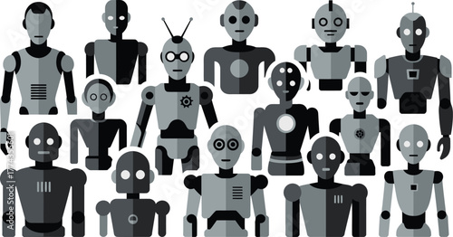 Pattern Featuring a Variety of Distinct Robots and Androids, Depicted in Gray and Black