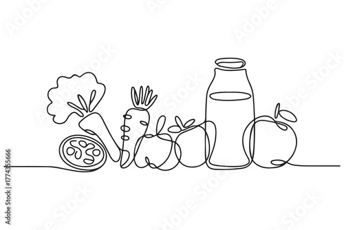 Continuous one line drawing Healthy food concept. Vegetables, fruits and milk. one line Icon drawing with white background
