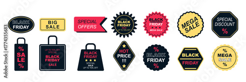 Collection tags and stickers for Black Friday sales. Various geometric shapes with inscriptions. Big Set for sales, discounts, Black Friday, Cyber Monday and stores. Banner template design for