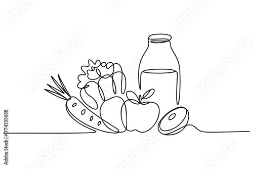 Continuous one line drawing Healthy food concept. Vegetables, fruits and milk. one line Icon drawing with white background