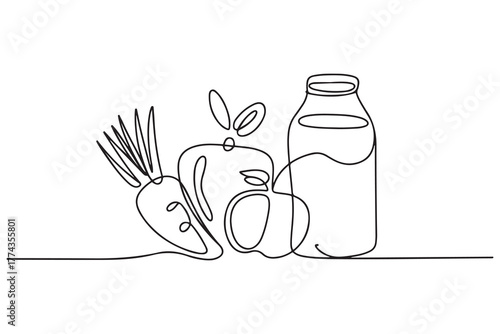Continuous one line drawing Healthy food concept. Vegetables, fruits and milk. one line Icon drawing with white background