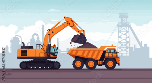 Excavator Loading Truck Vector – Heavy Equipment at Construction Site - Construction Machinery Vector – Excavator and Dump Truck Industrial Illustration