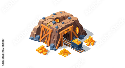 Isometric Gold Mining Industry Vector – Gold Extraction Illustration