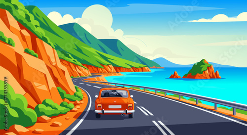 Foto Scenic coastal drive in a classic automobile, beautiful ocean landscape with rocky islands and mountains
