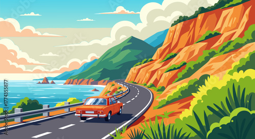 Vibrant vector illustration of a classic car cruising along a scenic coastal road, showcasing breathtaking ocean views, dramatic cliffs, and a serene sky