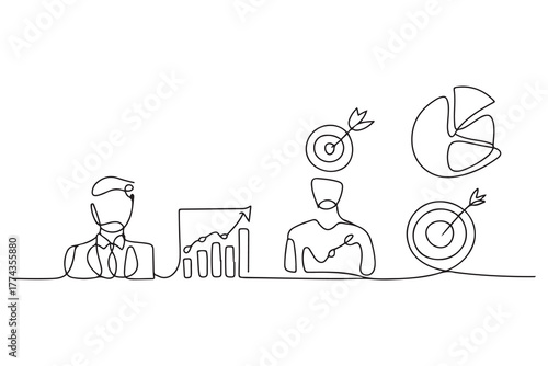 Continuous one line drawing business concepts of analytics, planning, marketing research, work communication, goal settings. one line Icon drawing with white background