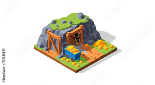 Isometric Gold Mining Vector – Industrial Excavation and Precious Metal Concept - Mining Industry Vector – Gold Extraction Illustration