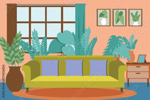 a living room with a couch, plants and a window