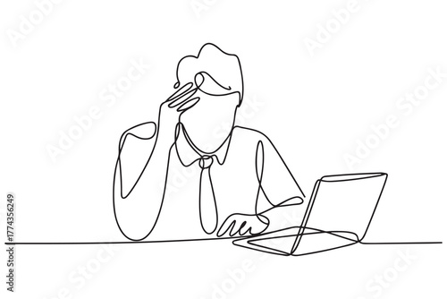 One continuous line drawing of busy people in stress and fatigue at work. one line Icon drawing with white background