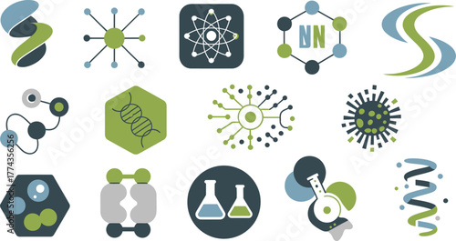 Science and Medical Icon Set Featuring DNA, Atom, Molecule, Virus, and Lab Equipment