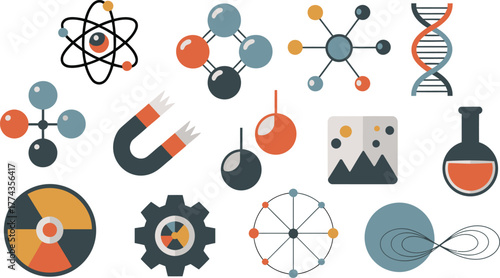 Science Iconography Atom, Magnet, DNA, Flask, Gear, Molecule, Radiation, and Physics Elements Illustration