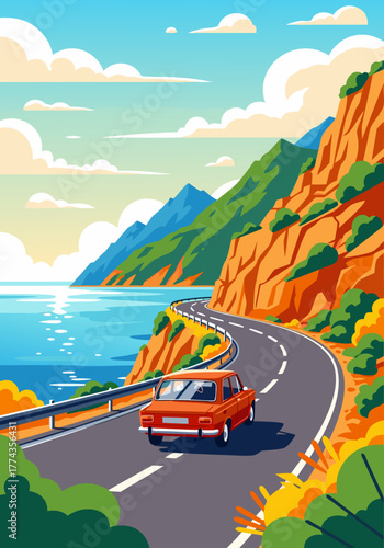 Scenic Coastal Drive A Vintage Car Journey along a Winding Road with Mountains and the Ocean View
