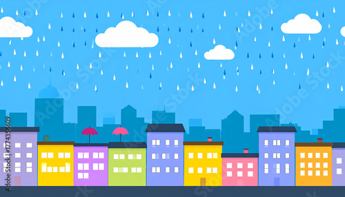 Cartoon cityscape with rain and colorful buildings weather illustration