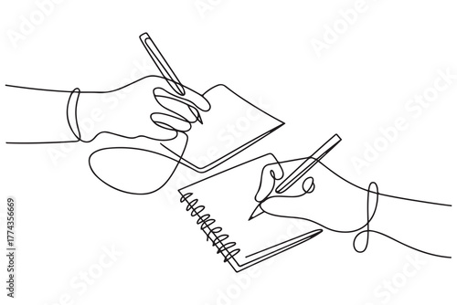 Continuous one line drawing of hands holding pens and pencils, writing letter on paper, taking notes in notebook. one line Icon drawing with white background