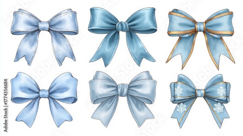 Blue ribbon bows and knots set cute flat vintage cartoon style vector clipart for gift wrapping hair accessories holiday decor and birthday designs isolated on white background