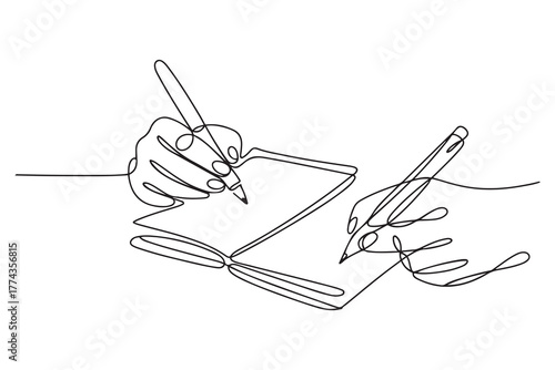 Continuous one line drawing of hands holding pens and pencils, writing letter on paper, taking notes in notebook. one line Icon drawing with white background