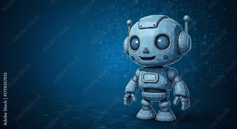 Fototapeta premium Vector Illustration Concept of Futuristic Low Poly Robot Character with Blue Glow on Digital Circuit Board Background, Polygonal Wireframe Design for Technology and Innovation Themes