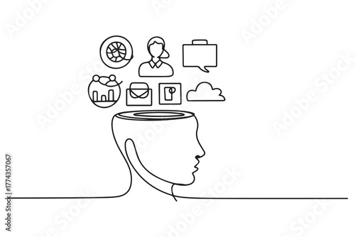 Continuous one line drawing Business icons are floating above head concept. one line Icon drawing with white background