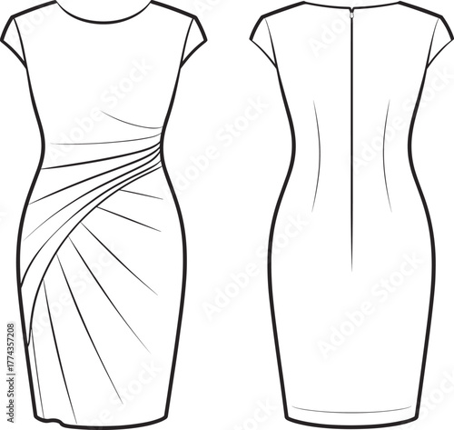 Technical fashion illustration, sheath dress design, front and back view, asymmetrical pleats, cap sleeves, round neckline, garment sketch, apparel template, vector drawing