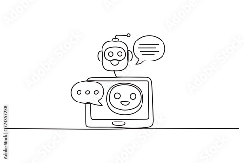 Continuous one line drawing Online communication with chat bot concept. one line Icon drawing with white background